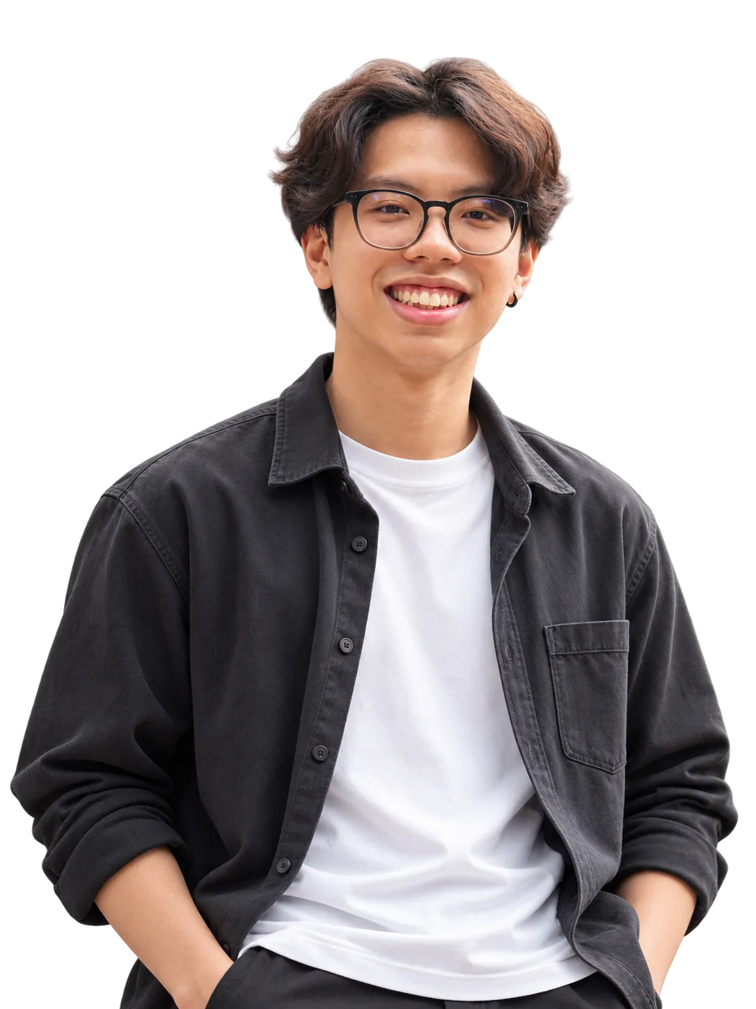 Duc smiling, wearing glasses, a black overshirt and a white tee